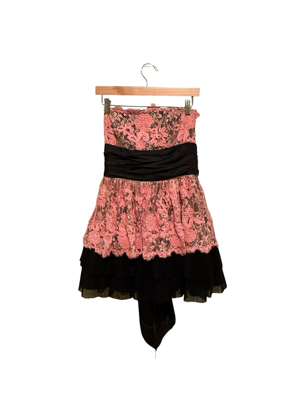 VINTAGE Betsey Johnson Coral Strapless Mini Dress with Black Waistband Back Tie